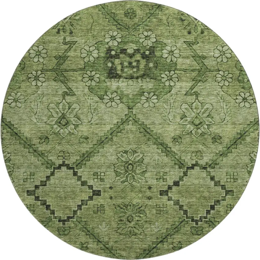 8' Olive Green And Gray Floral Washable Round Rug With UV Protection Photo 1