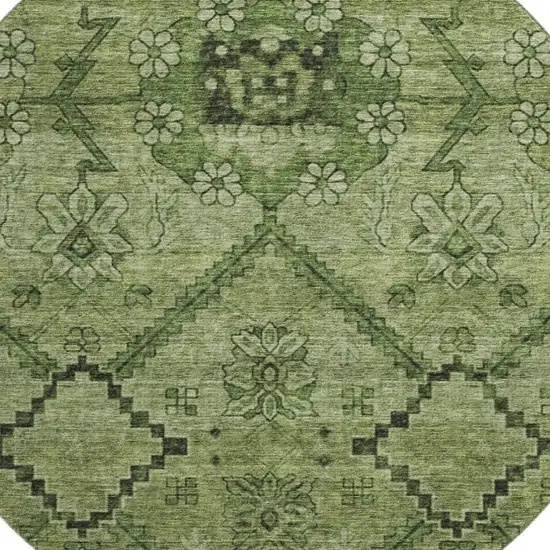 8' Olive Green And Gray Floral Washable Round Rug With UV Protection Photo 3