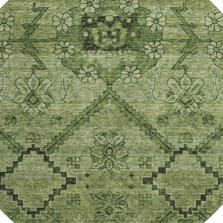 8' Olive Green And Gray Floral Washable Round Rug With UV Protection Photo 3