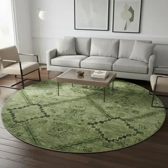 8' Olive Green And Gray Floral Washable Round Rug With UV Protection Photo 2