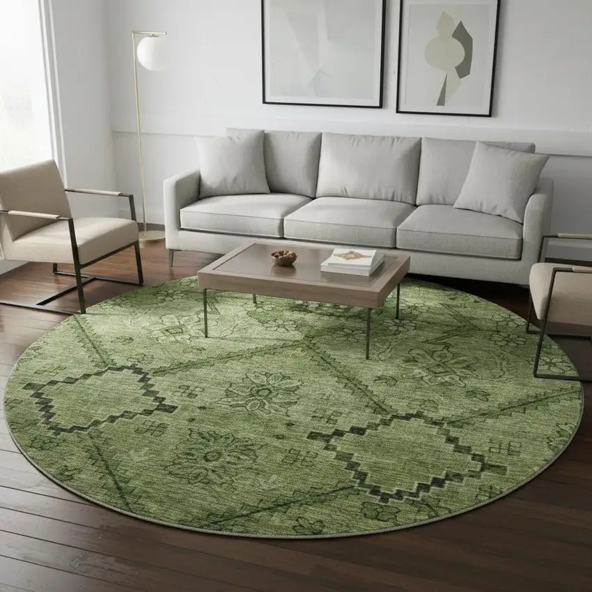 8' Olive Green And Gray Floral Washable Round Rug With UV Protection Photo 2