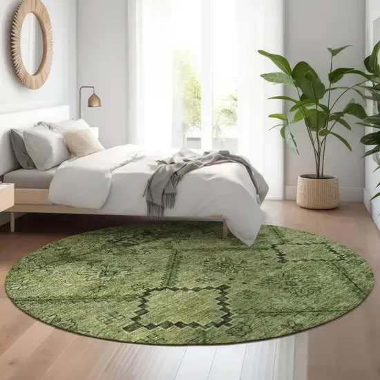 8' Olive Green And Gray Floral Washable Round Rug With UV Protection Photo 5