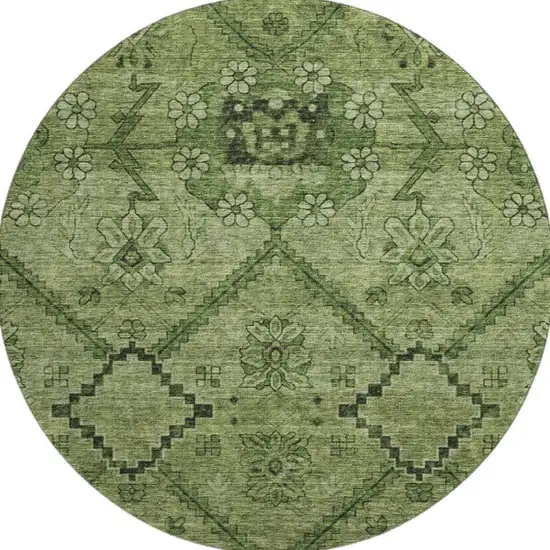 8' Olive Green And Gray Floral Washable Round Rug With UV Protection Photo 4