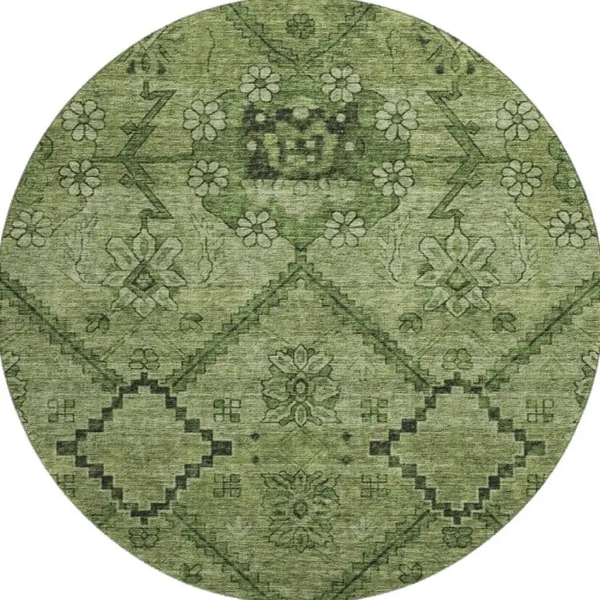 8' Olive Green And Gray Floral Washable Round Rug With UV Protection Photo 4