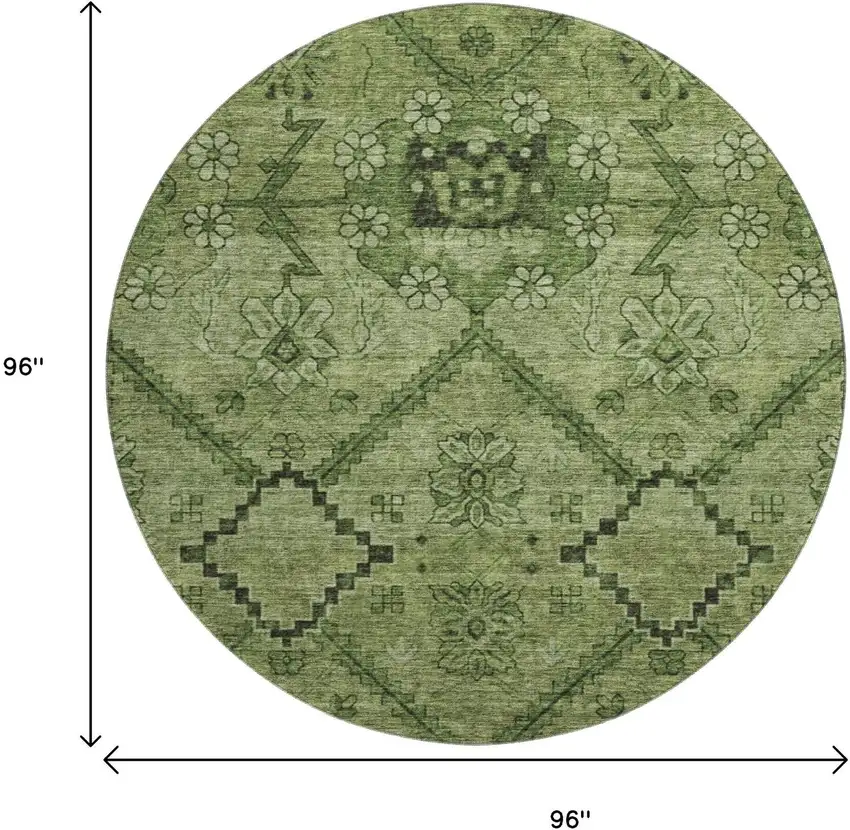 8' Olive Green And Gray Floral Washable Round Rug With UV Protection Photo 3