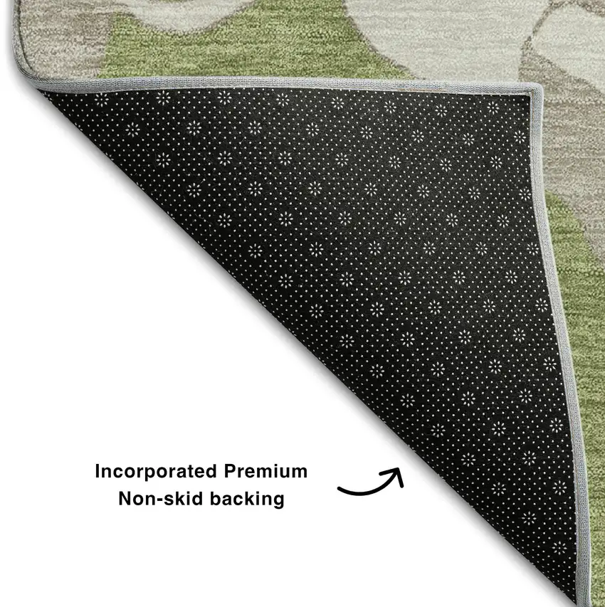 8' Olive Green And Gray Floral Washable Round Rug With UV Protection Photo 6