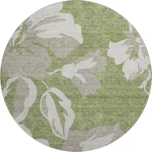 Photo of 8' Olive Green And Gray Floral Washable Round Rug With UV Protection