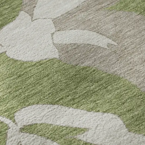 8' Olive Green And Gray Floral Washable Round Rug With UV Protection Photo 9