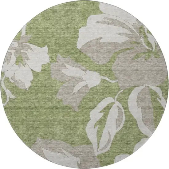 8' Olive Green And Gray Floral Washable Round Rug With UV Protection Photo 4
