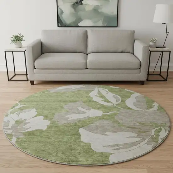 8' Olive Green And Gray Floral Washable Round Rug With UV Protection Photo 2