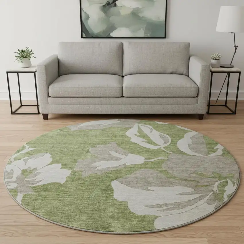 8' Olive Green And Gray Floral Washable Round Rug With UV Protection Photo 2