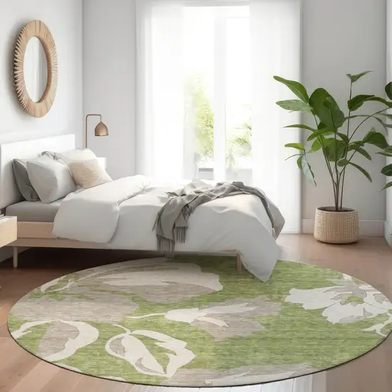 8' Olive Green And Gray Floral Washable Round Rug With UV Protection Photo 5