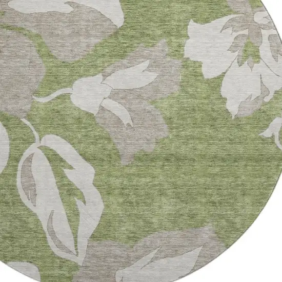 8' Olive Green And Gray Floral Washable Round Rug With UV Protection Photo 3