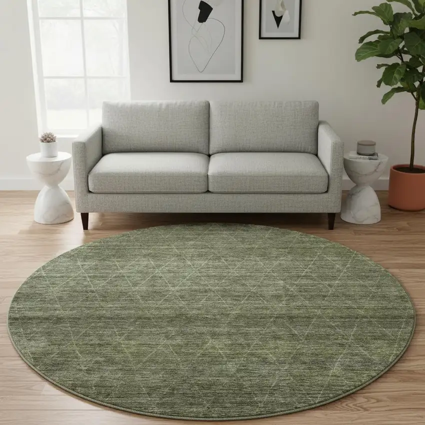 8' Olive Green And Gray Geometric Washable Round Rug With UV Protection Photo 2