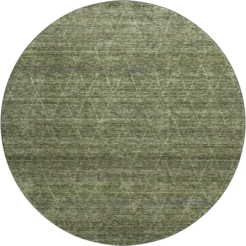 8' Olive Green And Gray Geometric Washable Round Rug With UV Protection Photo 1