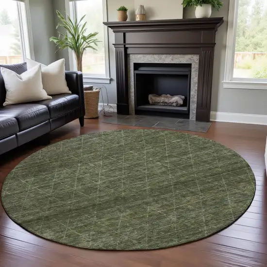 8' Olive Green And Gray Geometric Washable Round Rug With UV Protection Photo 4