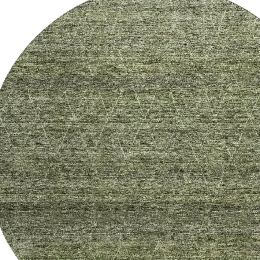 8' Olive Green And Gray Geometric Washable Round Rug With UV Protection Photo 2