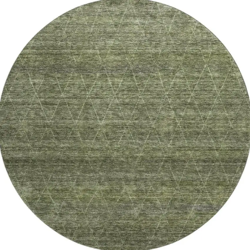 8' Olive Green And Gray Geometric Washable Round Rug With UV Protection Photo 3