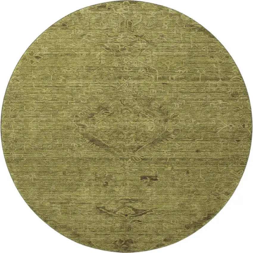 8' Olive Green And Gray Medallion Washable Round Rug With UV Protection Photo 3