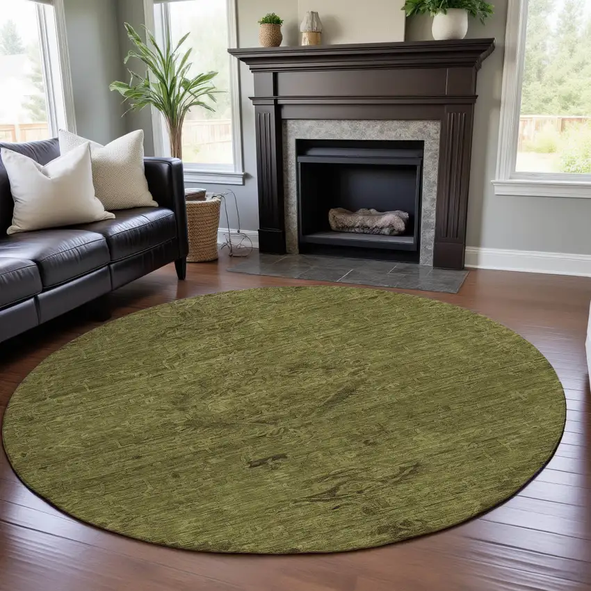8' Olive Green And Gray Medallion Washable Round Rug With UV Protection Photo 4
