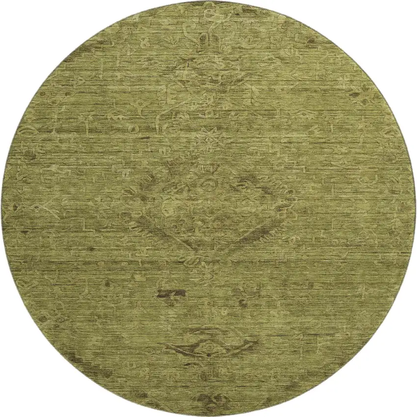 8' Olive Green And Gray Medallion Washable Round Rug With UV Protection Photo 1