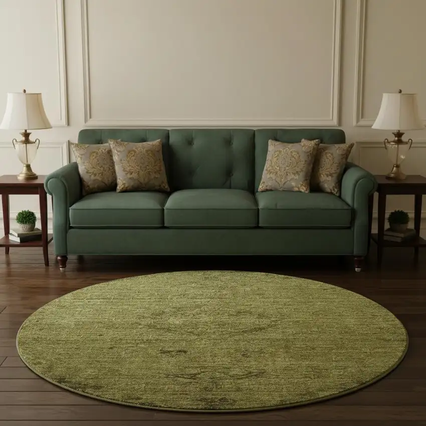 8' Olive Green And Gray Medallion Washable Round Rug With UV Protection Photo 2