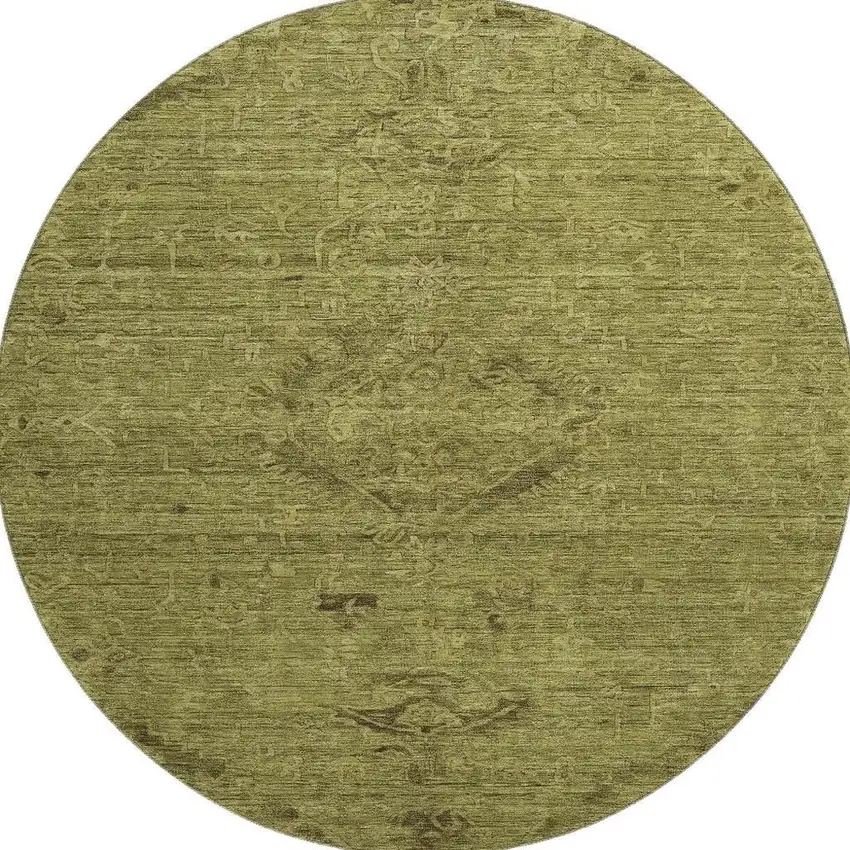 8' Olive Green And Gray Medallion Washable Round Rug With UV Protection Photo 2