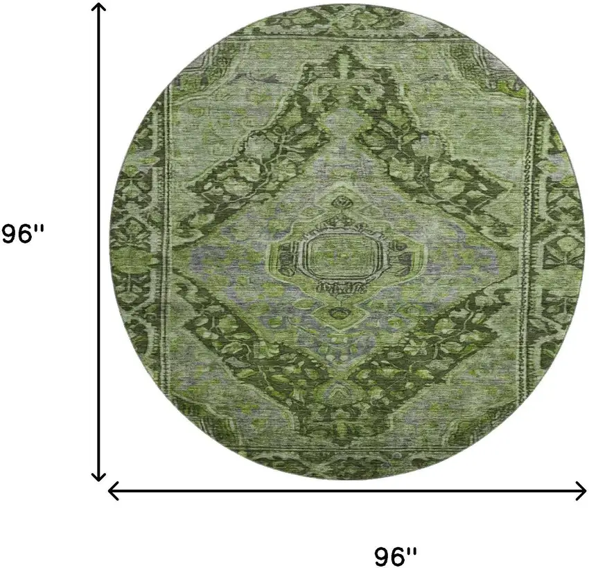 8' Olive Green And Gray Oriental Washable Round Rug With UV Protection Photo 9