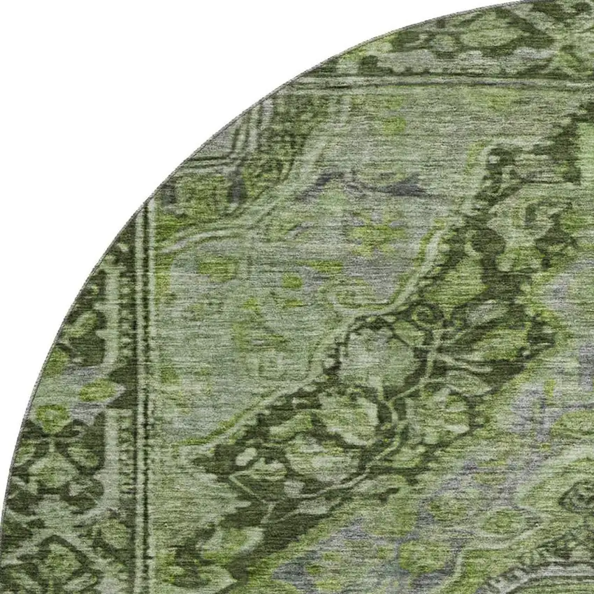 8' Olive Green And Gray Oriental Washable Round Rug With UV Protection Photo 3
