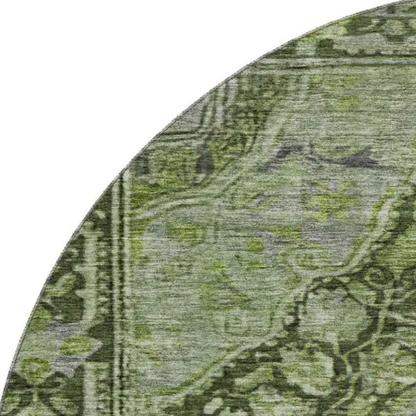 8' Olive Green And Gray Oriental Washable Round Rug With UV Protection Photo 2