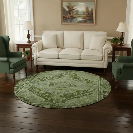 8' Olive Green And Gray Oriental Washable Round Rug With UV Protection Photo 2