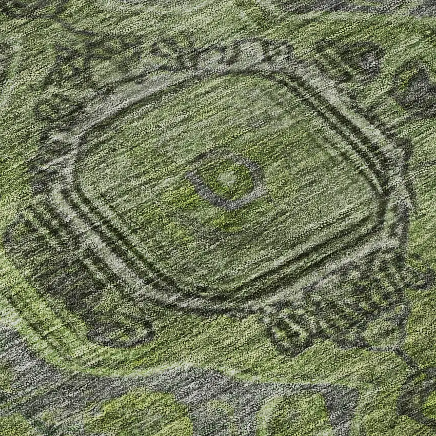 8' Olive Green And Gray Oriental Washable Round Rug With UV Protection Photo 8