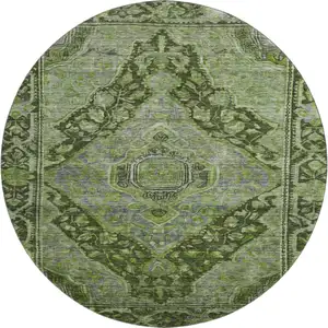 Photo of 8' Olive Green And Gray Oriental Washable Round Rug With UV Protection