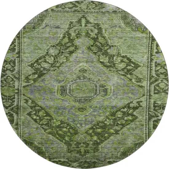 8' Olive Green And Gray Oriental Washable Round Rug With UV Protection Photo 1