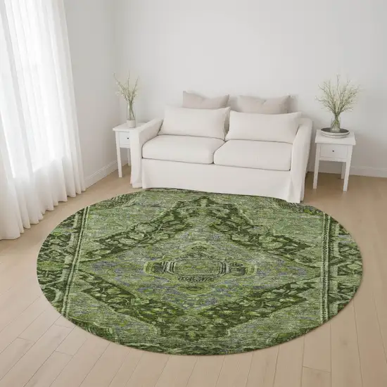 8' Olive Green And Gray Oriental Washable Round Rug With UV Protection Photo 4