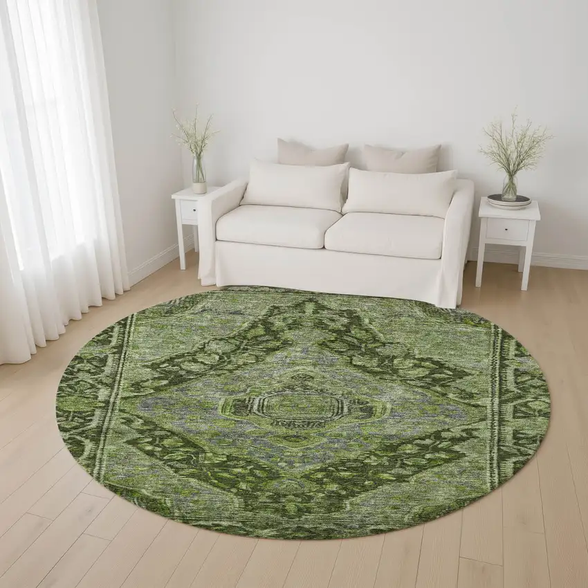 8' Olive Green And Gray Oriental Washable Round Rug With UV Protection Photo 4