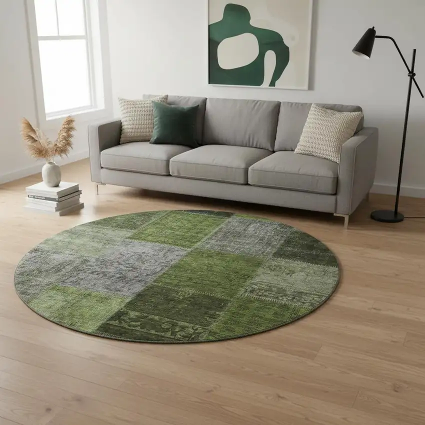 8' Olive Green And Gray Patchwork Washable Round Rug With UV Protection Photo 1
