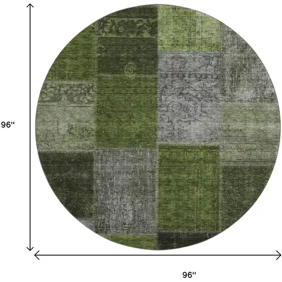8' Olive Green And Gray Patchwork Washable Round Rug With UV Protection Photo 3