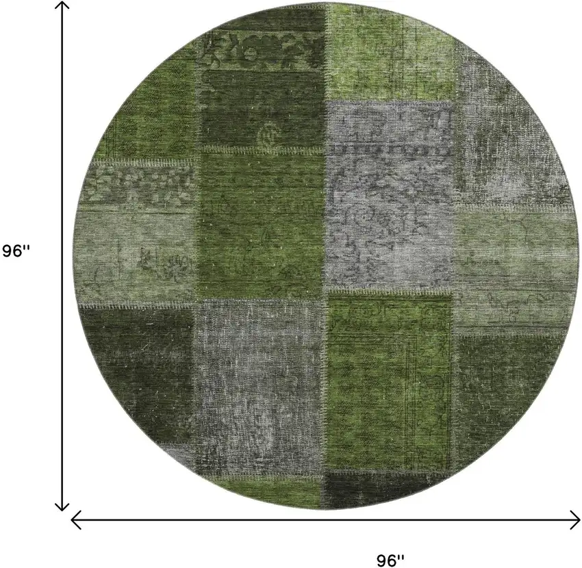8' Olive Green And Gray Patchwork Washable Round Rug With UV Protection Photo 3