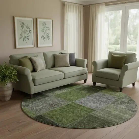 8' Olive Green And Gray Patchwork Washable Round Rug With UV Protection Photo 1