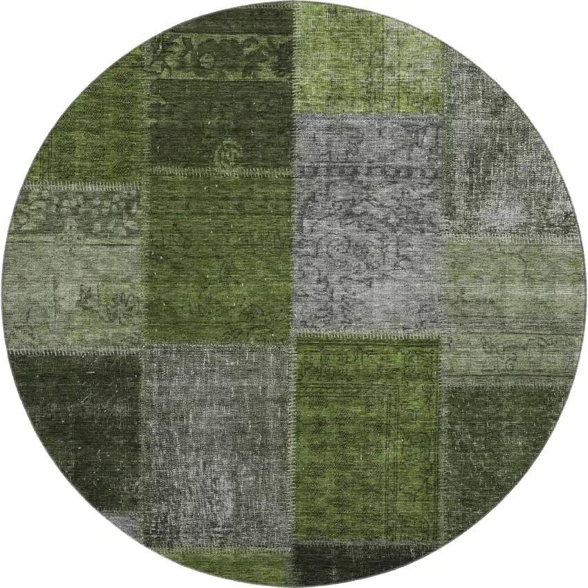 8' Olive Green And Gray Patchwork Washable Round Rug With UV Protection Photo 2