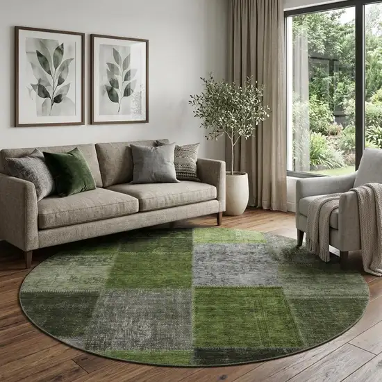 8' Olive Green And Gray Patchwork Washable Round Rug With UV Protection Photo 1