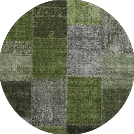 8' Olive Green And Gray Patchwork Washable Round Rug With UV Protection Photo 5