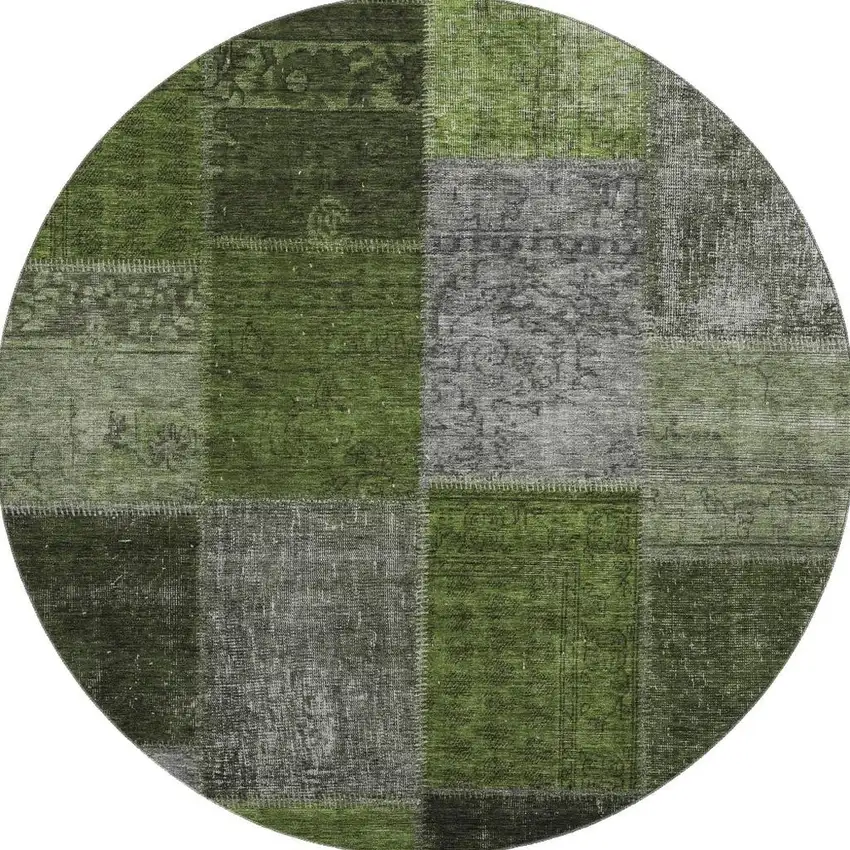 8' Olive Green And Gray Patchwork Washable Round Rug With UV Protection Photo 5