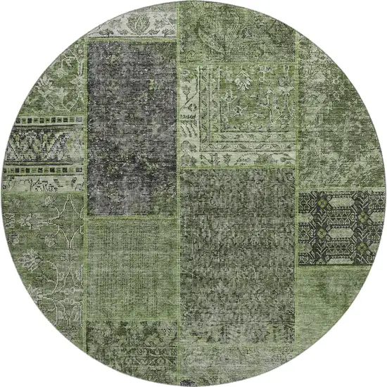 8' Olive Green And Gray Patchwork Washable Round Rug With UV Protection Photo 1