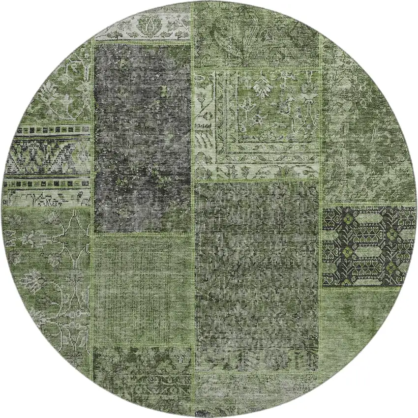 8' Olive Green And Gray Patchwork Washable Round Rug With UV Protection Photo 1