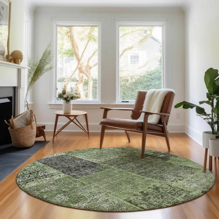 8' Olive Green And Gray Patchwork Washable Round Rug With UV Protection Photo 5