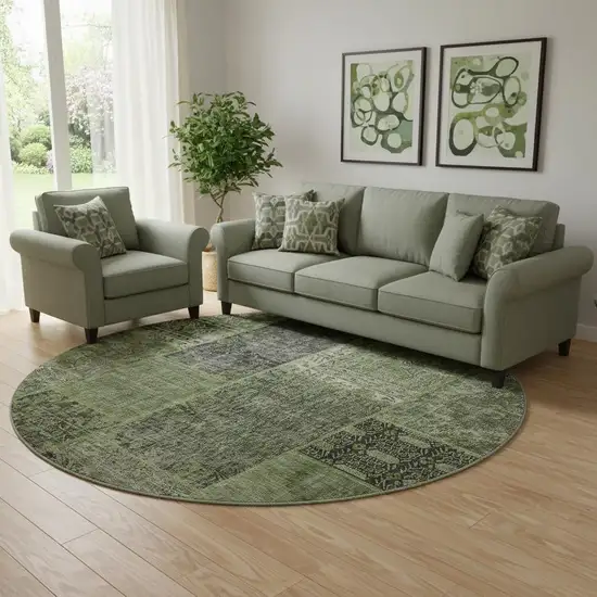 8' Olive Green And Gray Patchwork Washable Round Rug With UV Protection Photo 1