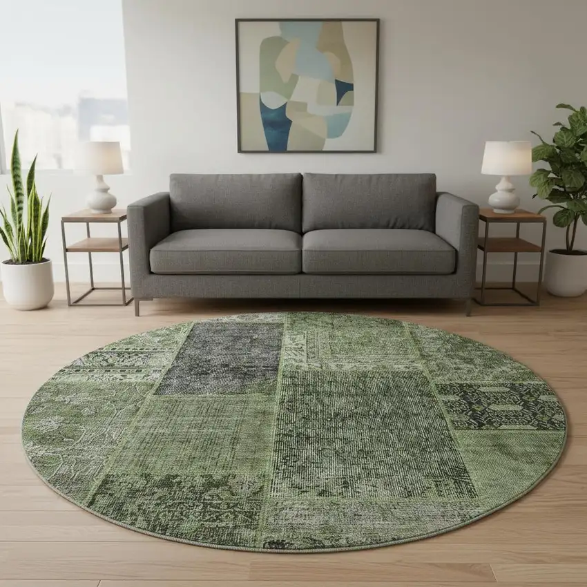 8' Olive Green And Gray Patchwork Washable Round Rug With UV Protection Photo 2