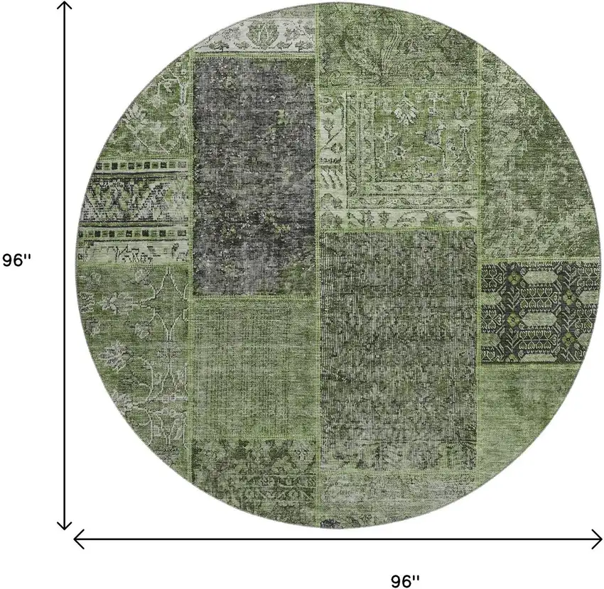 8' Olive Green And Gray Patchwork Washable Round Rug With UV Protection Photo 3